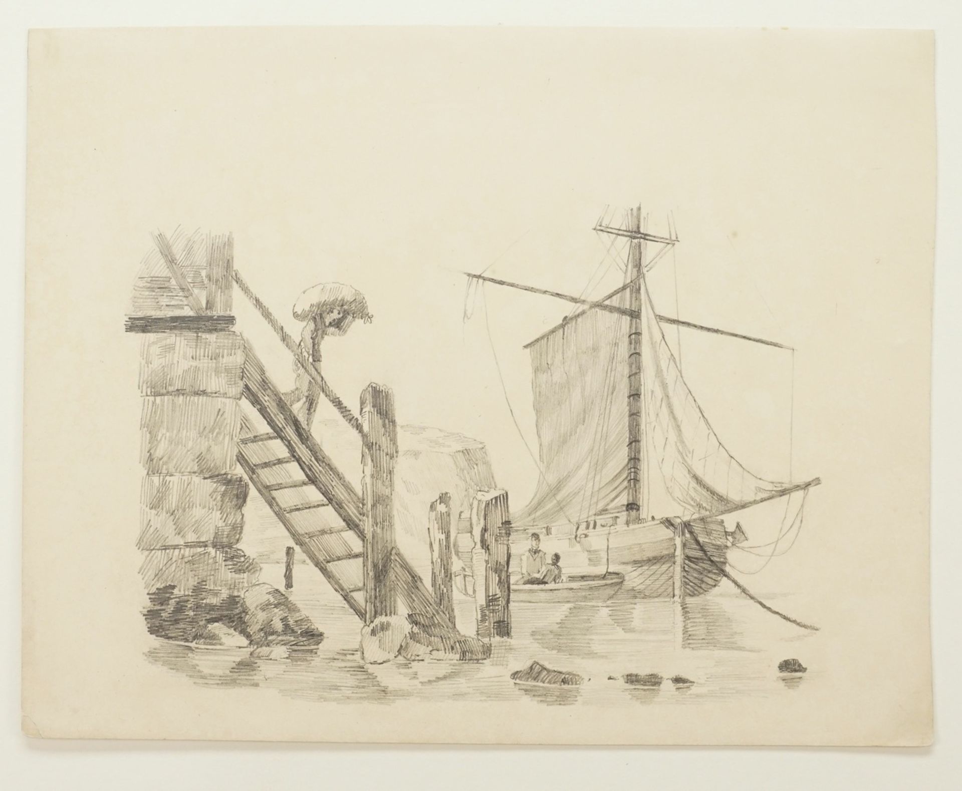 Landschaftsmaler,  Segler und Beiboot an der Hafenmauer - Bild 3 aus 3
