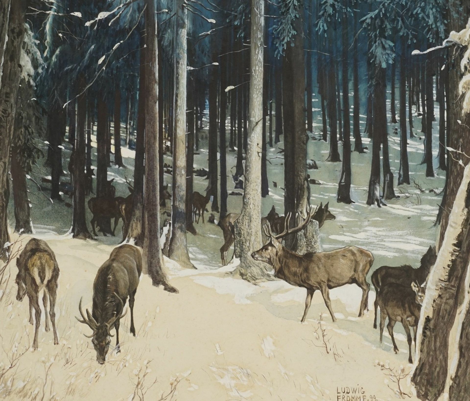 Ludwig Fromme,  "Hirsche im Winterwald"
