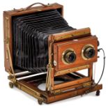 Half-Plate Stereo Camera, um 1910England. Tropenholz mit Messingbeschlägen, für Platten von 16,5 x