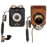 2 deutsche Telephone von Siemens & Halske1) Wandtelephon, um 1928, Metallgehäuse, Doppelglocke,
