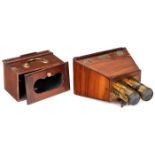 Frühe Stereokamera-Teile1) England, um 1860-70. Für Stereoformat 17,5 x 85 mm. Edelholzgehäuse 21
