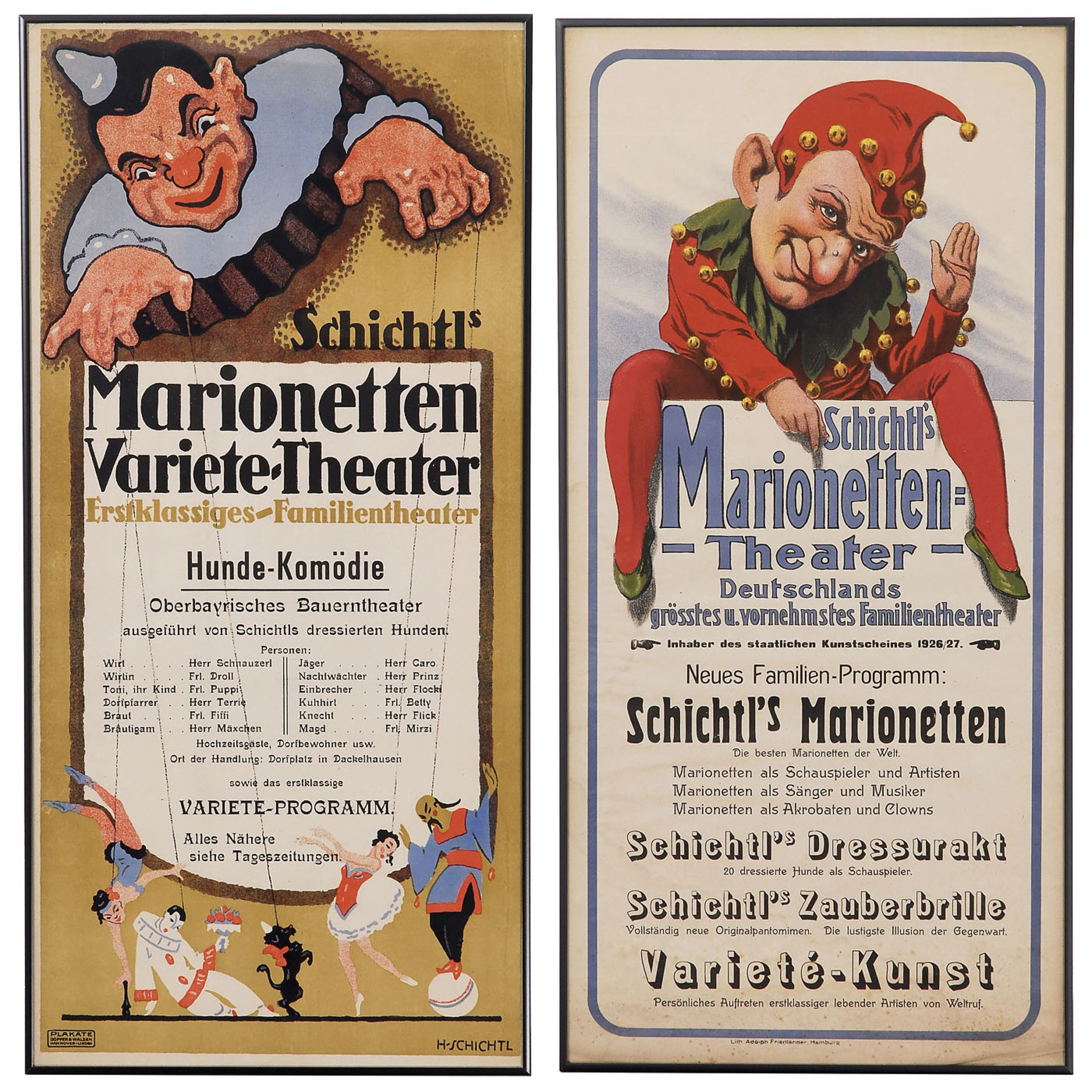 2 Original-Lithographien "Schichtl's Marionetten Varieté-Theater", um 19251) Farblithographie von