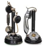 2 französische Hochständer-Telephone, um 19261) Albert Wich, Nr. 3995, bezeichnet auf Handapparat