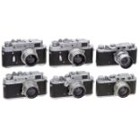 6 Zorki-Leica-KopienKrasnogorsk, UdSSR. 1) Zorki 1 Nr. 20828 mit Industar 3,5/50 mm, mit Original-