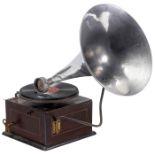 Trichtergrammophon Thorens Bijou, 1907Thorens, Sainte-Croix, Schweiz. Lasiertes Holzgehäuse,