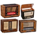 4 interessante RadioempfängerAlle Geräte mit Holzgehäusen, Netzbetrieb, eingebauten Lautsprechern,