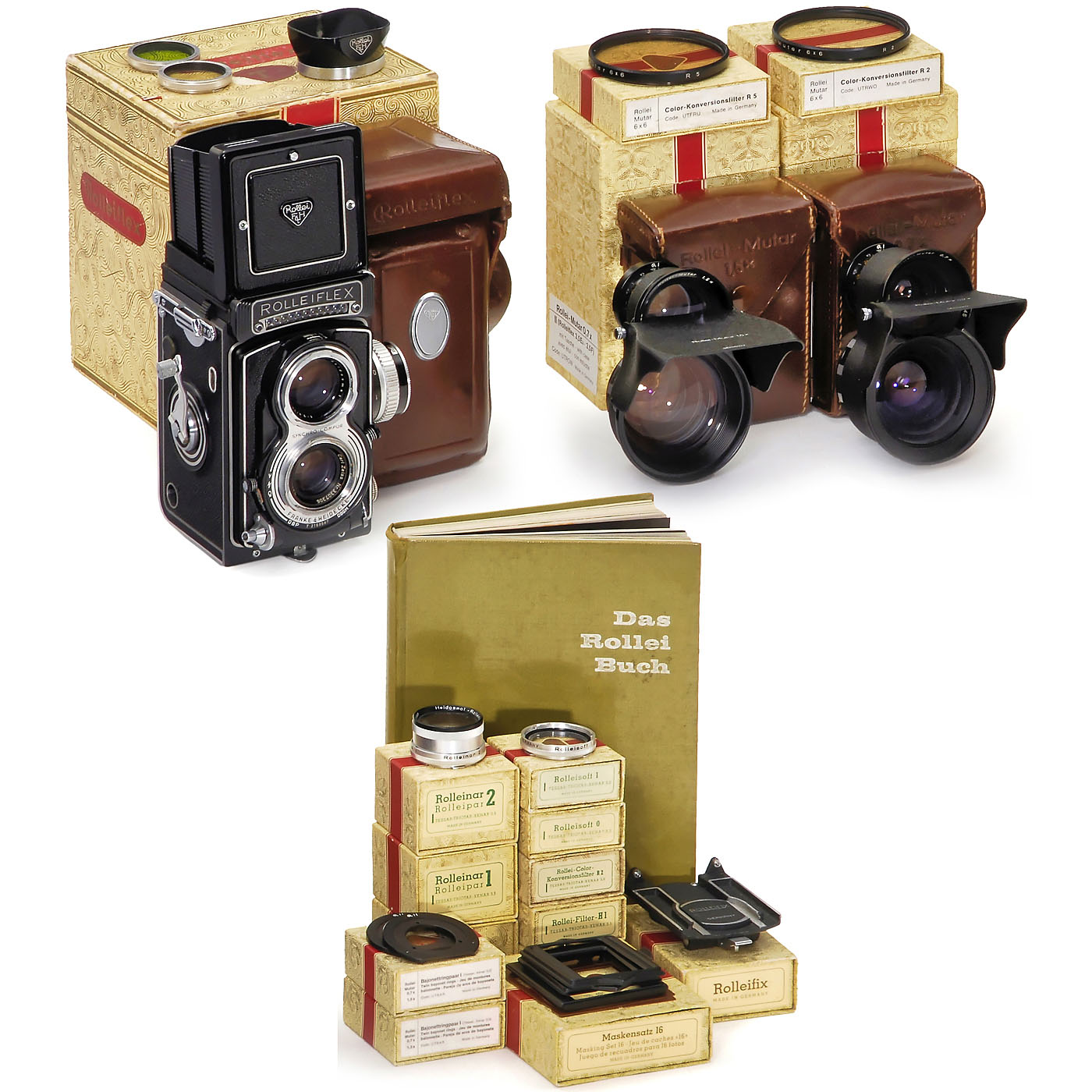 Rolleiflex T Ausrüstung mit Mutar 1,5x und 0,7x, um 1962Franke & Heidecke, Braunschweig. 1)