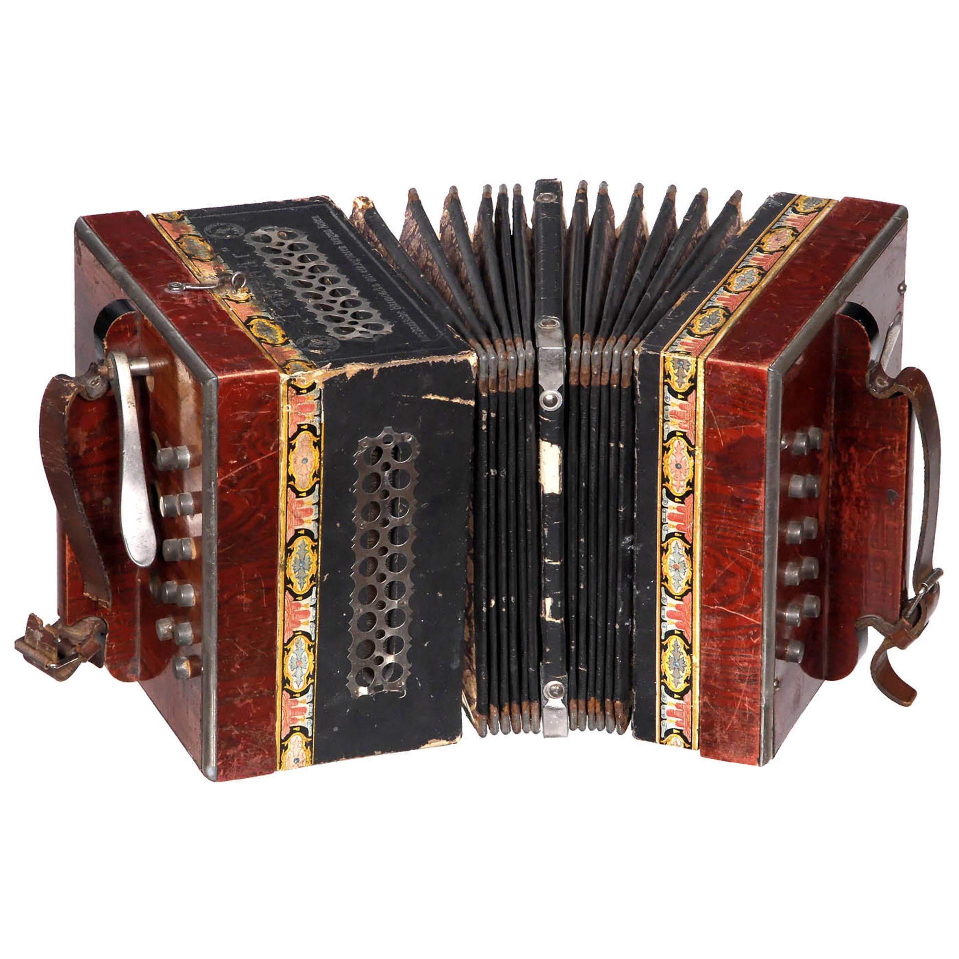Selbstspielende Harmonika "Tanzbär", ab 1905 Hersteller: A. Zuleger, Leipzig. Mechanische Concertina