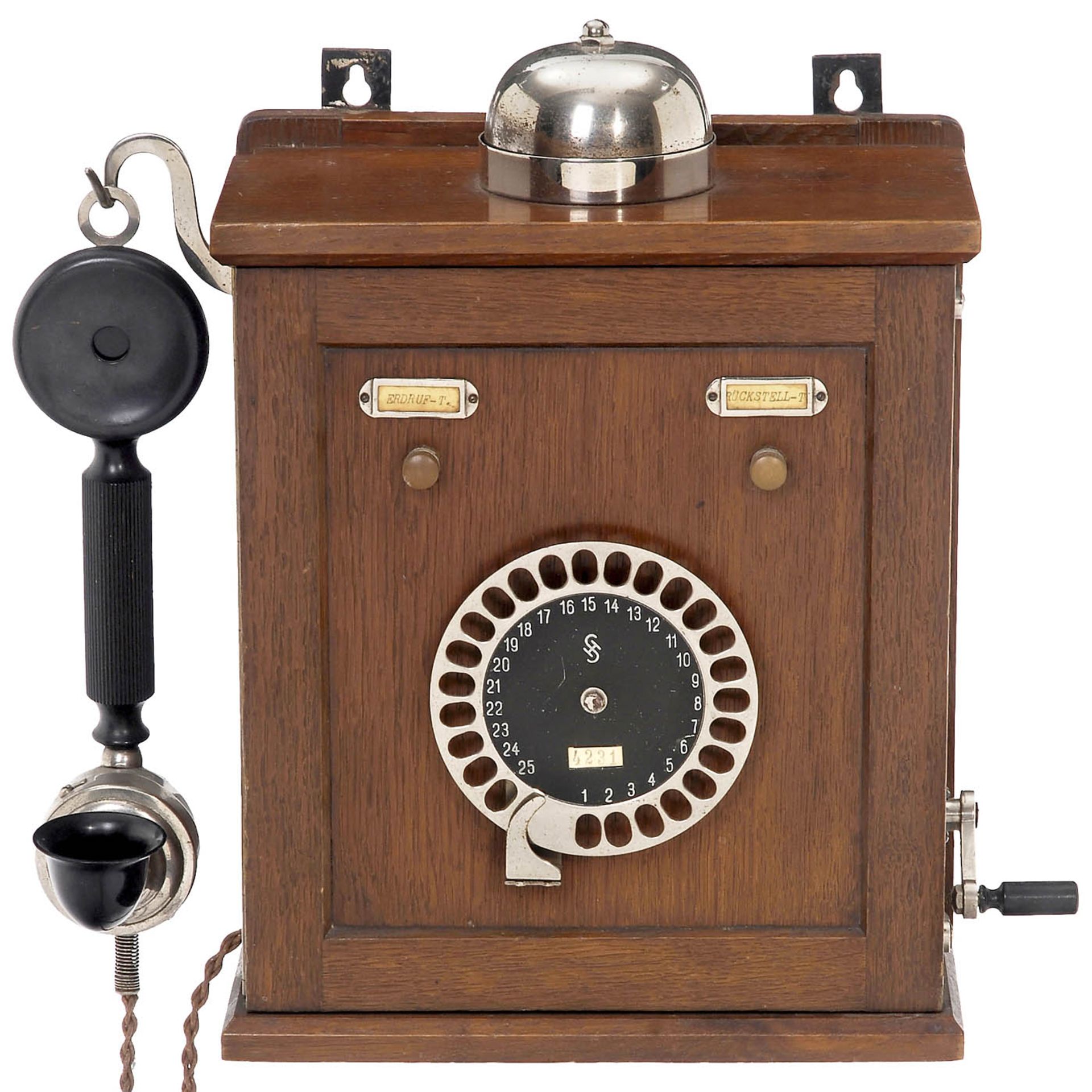 Haustelephon mit 25-teiligem Nummernschalter, um 1923 Siemens & Halske, Berlin. Eichengehäuse, 3-
