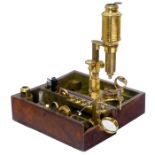 Seltenes englisches Kasten-Mikroskop von Nairne & Blunt, um 1790 Vollmessing, original zaponiert,