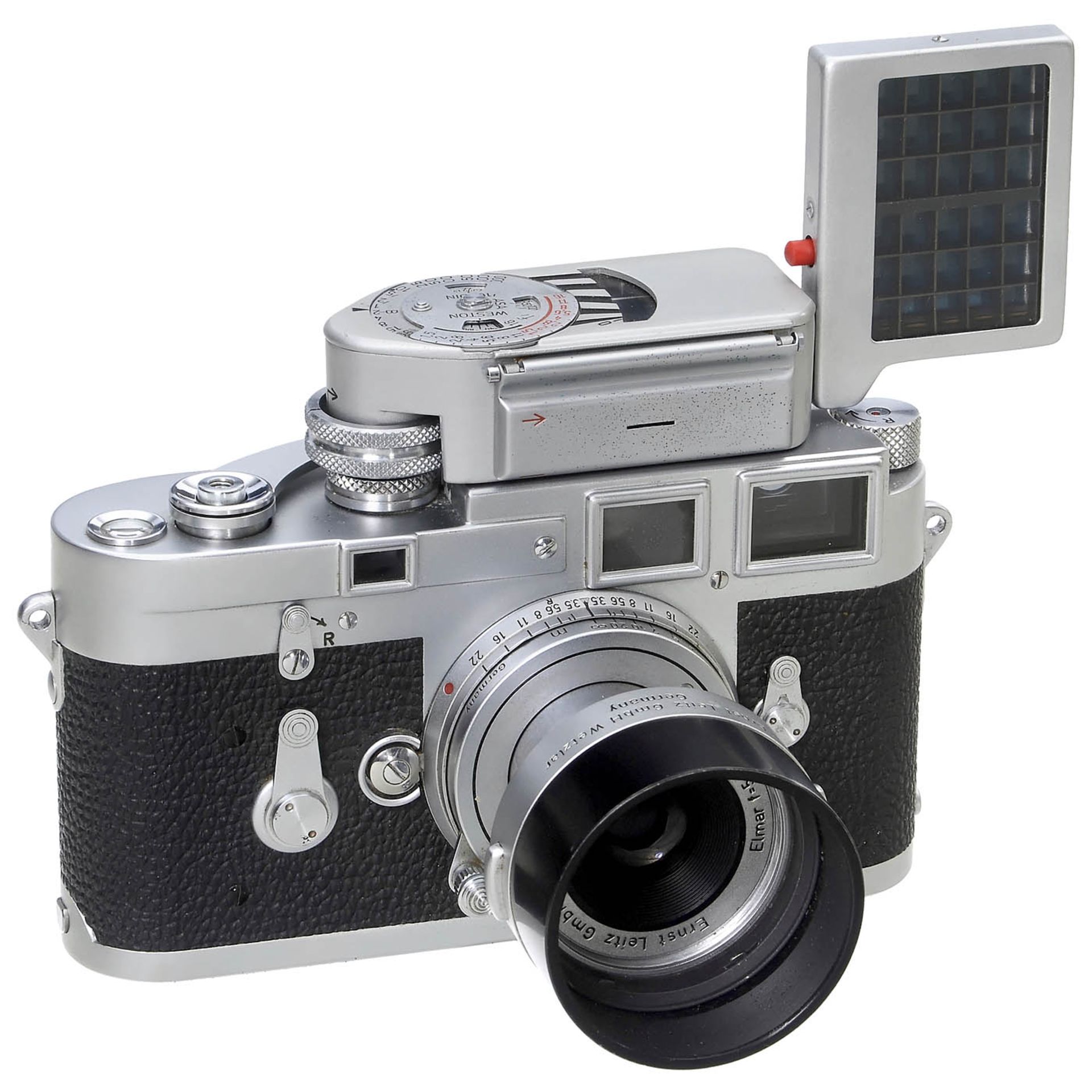 Frühe Leica M3 mit Elmar 2,8/5 cm, um 1955 Leitz, Wetzlar. 1) Leica M3, Nr. 759495,