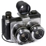 Rollfilm-Stereokamera mit Mamiya-Sekor 6,3/65 mm Graumann, Deutschland. Gehäuse um ein Rollfilm-