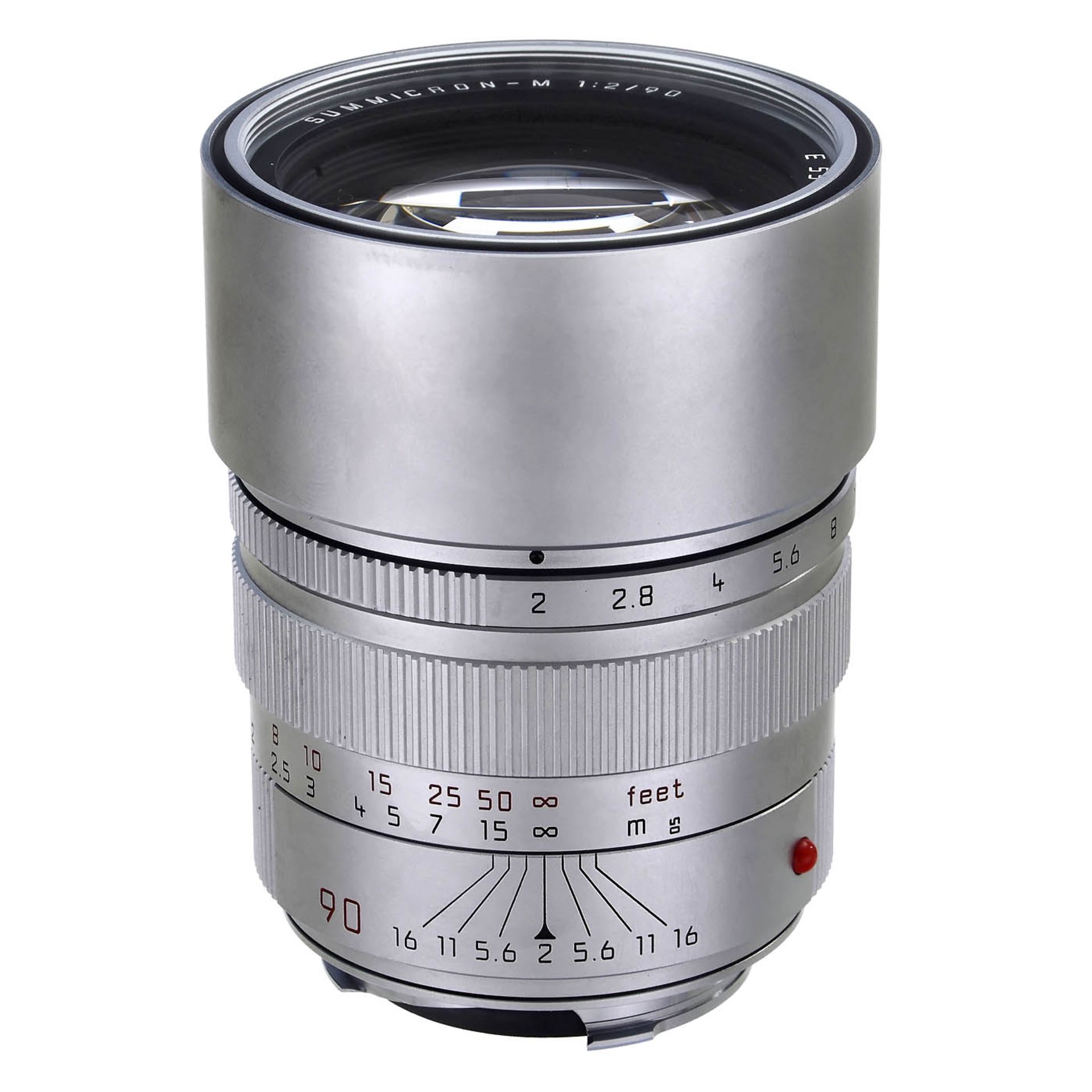 Leica Summicron-M 2/90 mm, um 1995 Leica Camera, Canada. Nr. 3703817. Silbern verchromte Ausführung.