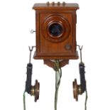 Wandtelephon Siemens & Halske M89, um 1890 Fernsprechgerät für Endstelle, poliertes Nußbaumholz,
