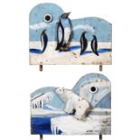 2 mechanische Schießbudenfiguren, um 1900 Schießbudenscheiben. 1) "Pinguin" - Und: 2) "Eisbär".