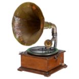 Trichtergrammophon von Pathé, um 1910 Pathé, Paris. Für Tiefenschrift-Schallplatten, Nußbaumgehäuse,
