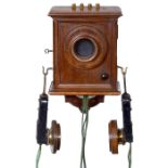 Wandtelephon Siemens & Halske, ab 1891 Fernsprechgerät für Endstelle, poliertes Nußbaumholz,