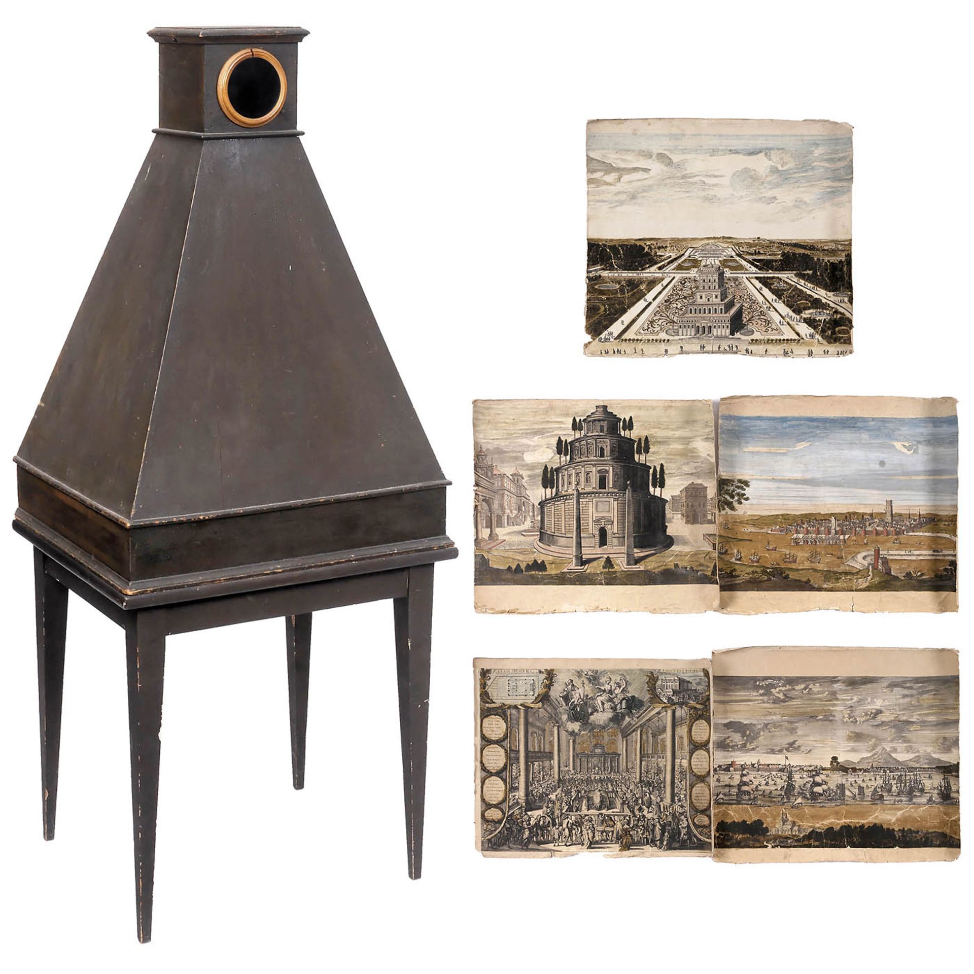 Camera-Obscura-Tischgerät, nach 1800 Unbezeichnet. Dunkelbraun gestrichenes Holz, Höhe 86 cm,