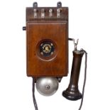 Deutscher Fernsprecher "Mix & Genest", um 1895 Serien-Nr. 2825, Wandtelephon mit Kohlenwalzen-