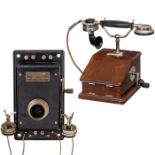 2 frühe Telephone 1) Französisches Wandtelephon von Louis Pasquet, um 1906, Système Louis Pasquet,