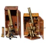 2 Messingmikroskope 1) "Society of Arts"-Typ-Mikroskop, unsigniert, um 1870, original zaponiertes