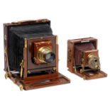 2 Reisekameras, um 1897 1) Thornton-Pickard, England. "Ruby", für 13 x 18 cm, mit Voigtländer