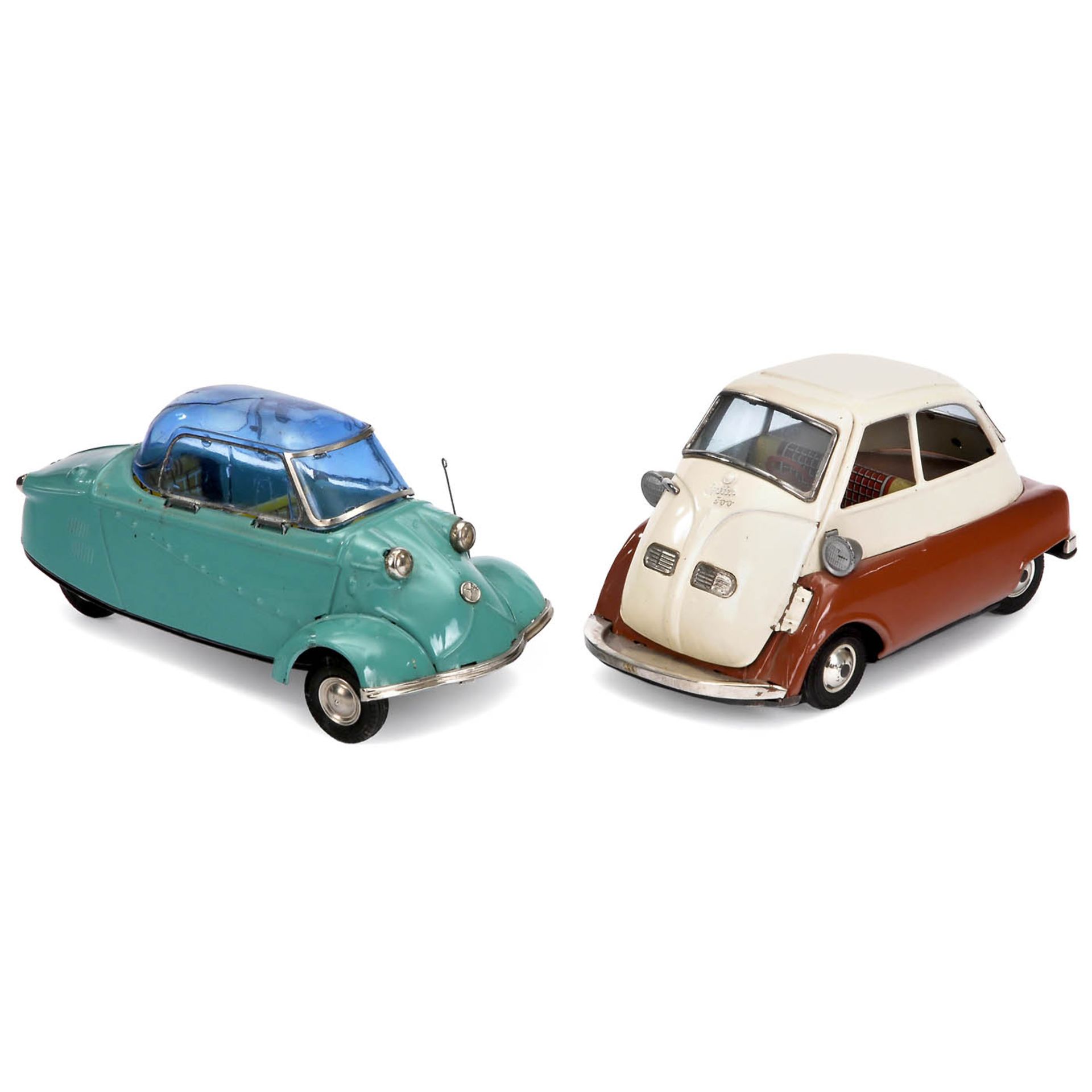 Isetta 300 und Messerschmitt Kabinenroller von Bandai, um 1960 Japan, lackiertes Metallblech,