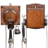 2 französische Wandtelephone, um 1910 1) J. Wich, Paris. Rundes Holzgehäuse, Handapparat in