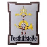 Emailleschild "Posthilfstelle", um 1900 Original-Emailleschild einer ländlichen Poststelle, gewölbt,