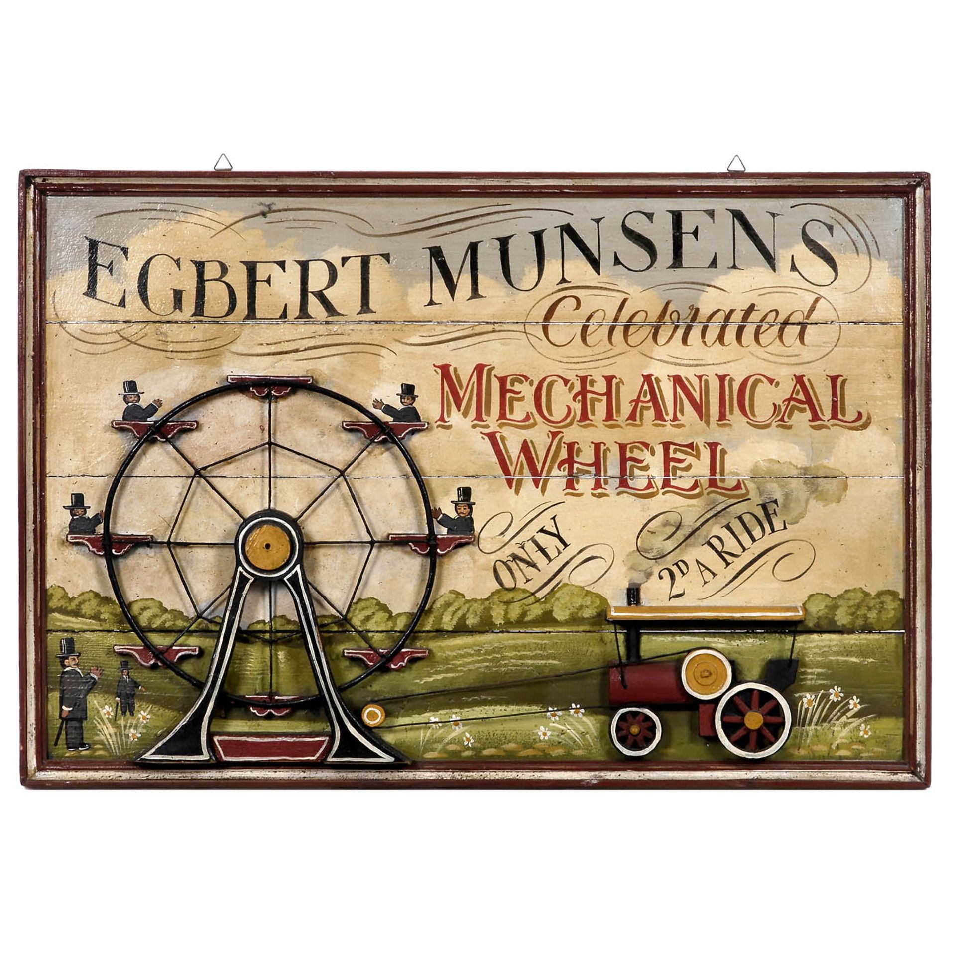 Dreidimensionale englische Werbetafel, um 1980 Für "Egbert Munsens Celebrated Mechanical Wheel",