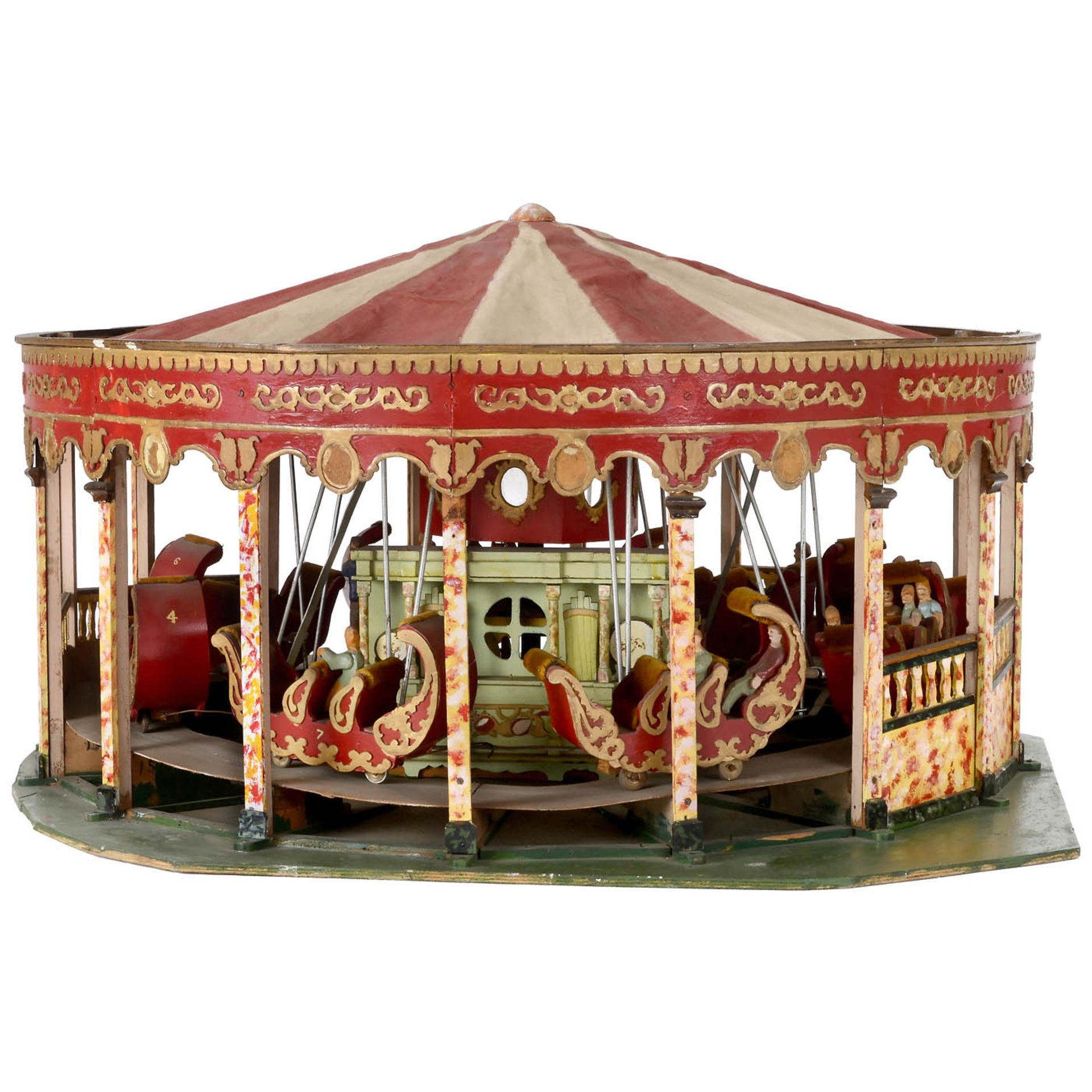 Miniatur-Jahrmarktmodell eines englischen Gondel-Karussells Kirmes-Modell aus Holz, Metall und