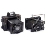 2 Spreizenklapp-Kameras für 6,5 x 9 cm, um 1930 1) Ernemann, Dresden. "Klapp-Camera", Nr. 1039954,