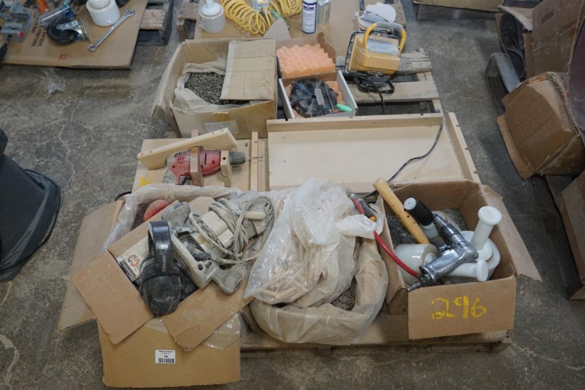 Pallet of Air Drill, Electric Router, Screws, Saw Table