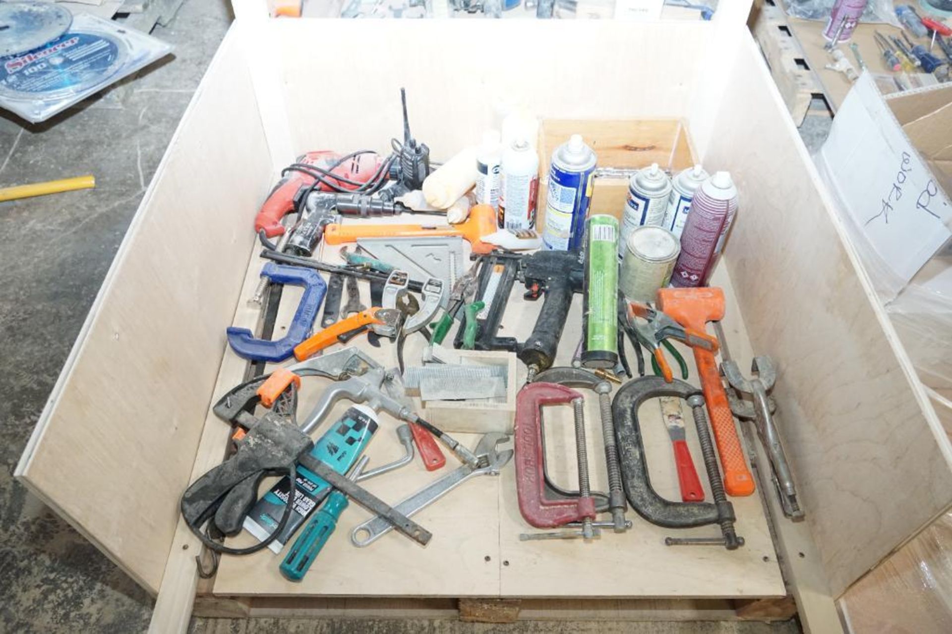 Box of Screw Guns, Nail Gun, Clamps, Bits, Etc.