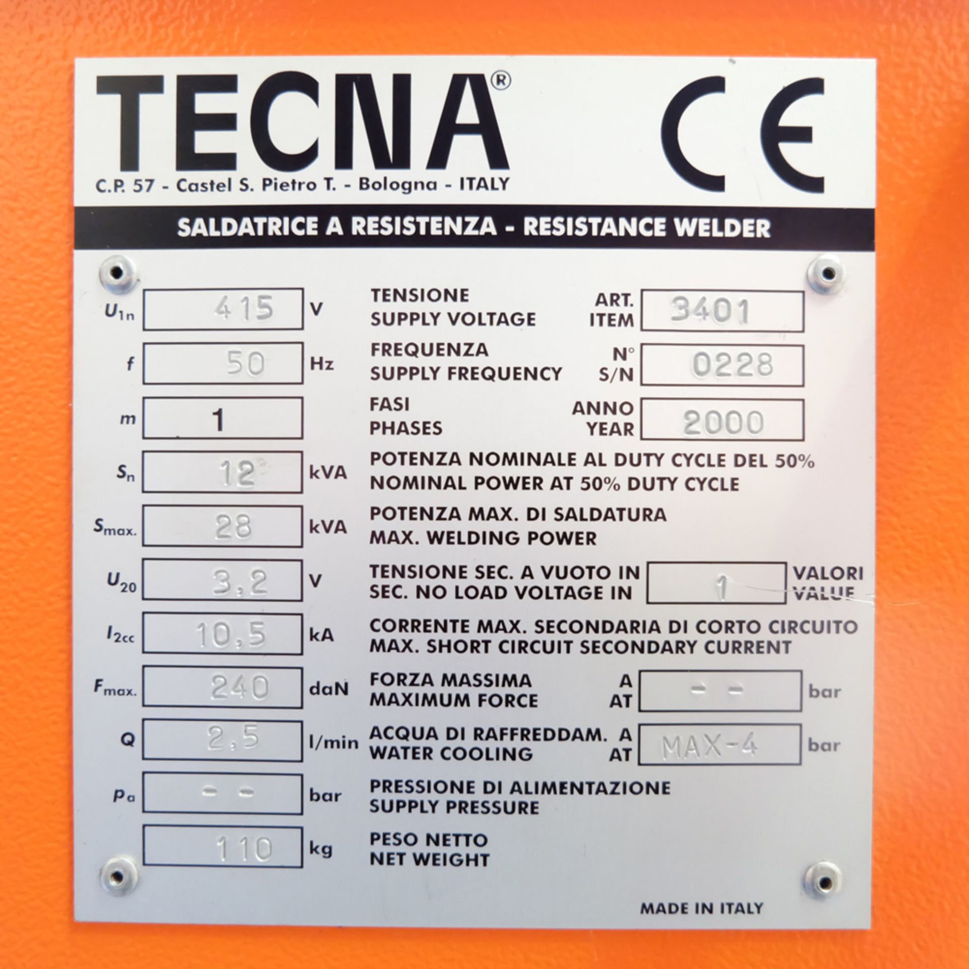 Tecna Model TE25 Spot Welding Machine. Welding Power 28 KVA Max. - Image 5 of 8