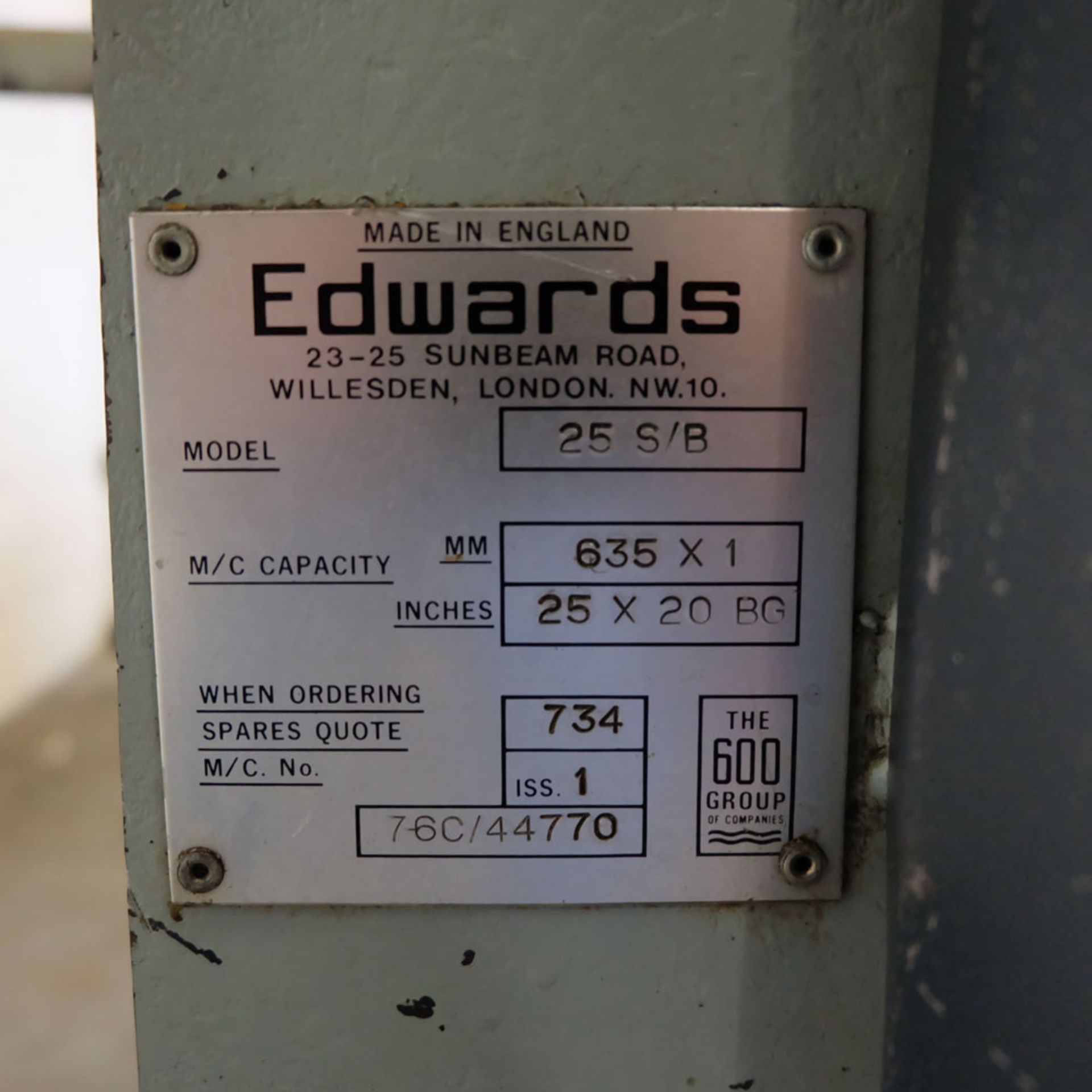 Edwards Model 25 S/B Manual Sheet Metal Folding Machine. - Image 5 of 7
