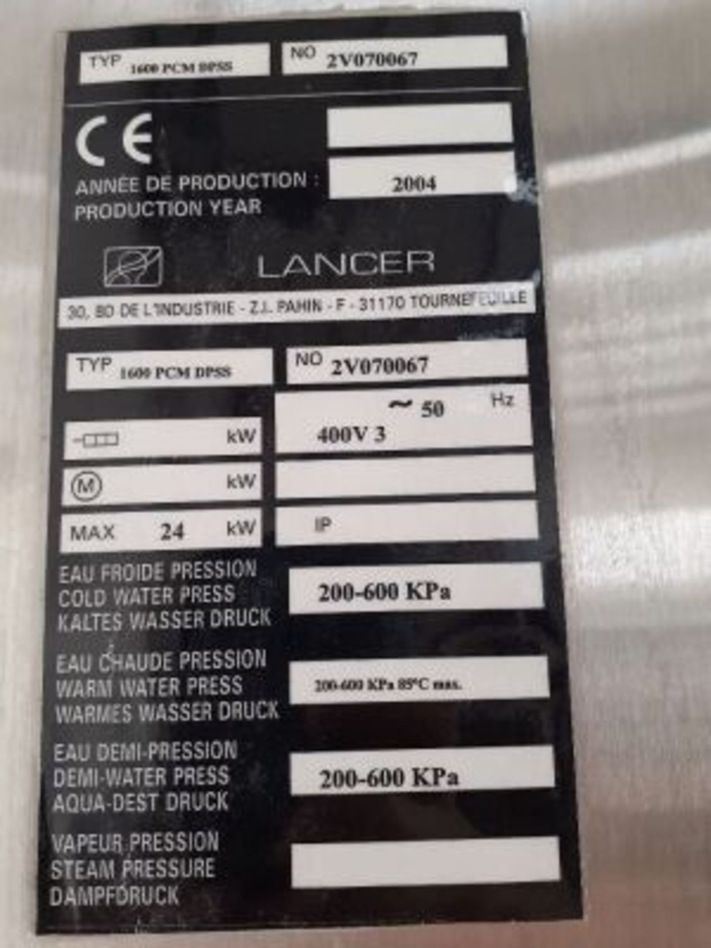 Lancer Washer infeed Type 1600 PCM DPSS, Year 2004, S/N:2V070067. 200-600 KPa - Image 12 of 12