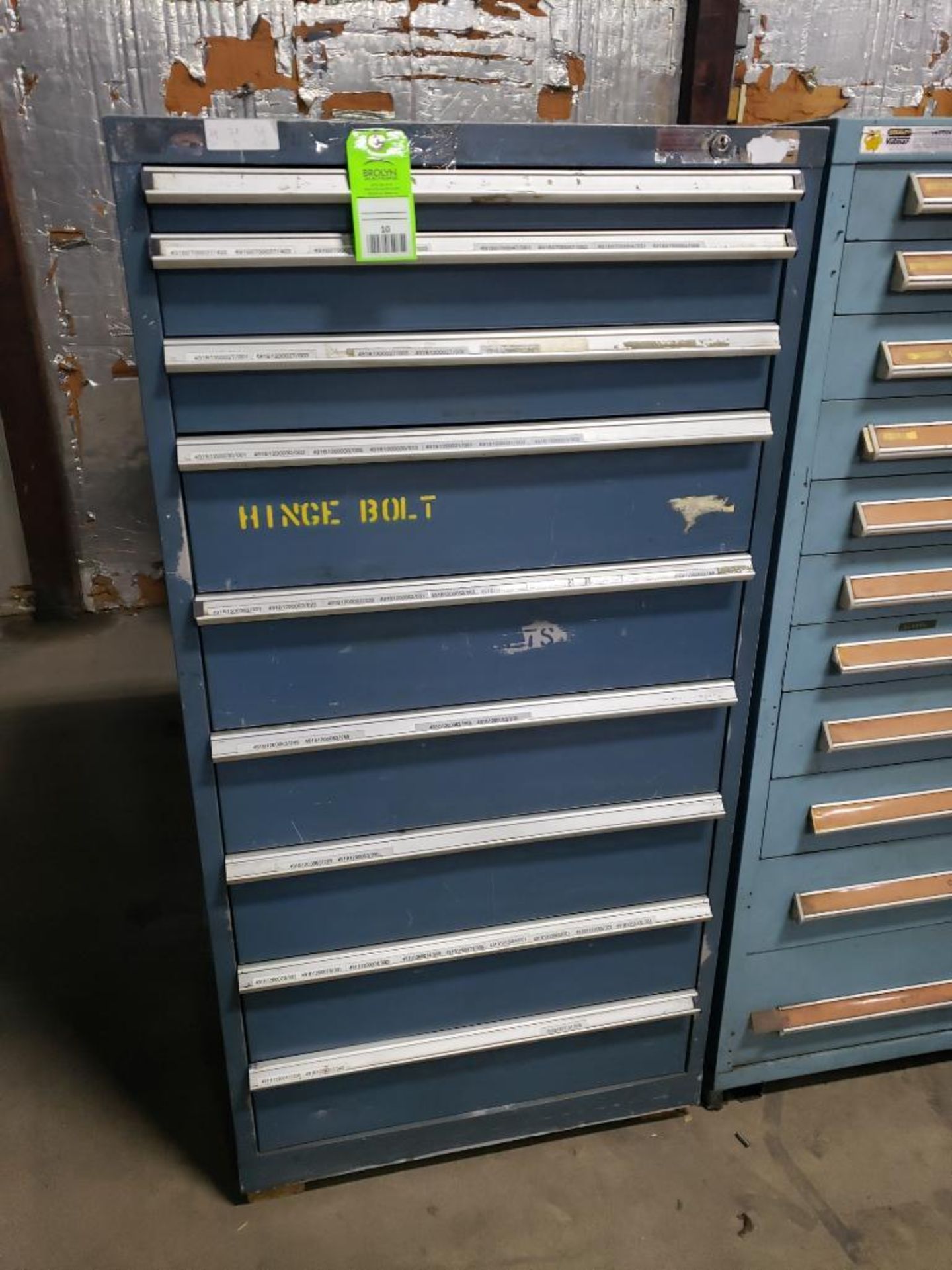 9 drawer tool cabinet. (appears to be Lista) 59tall x 29wide x 28deep.