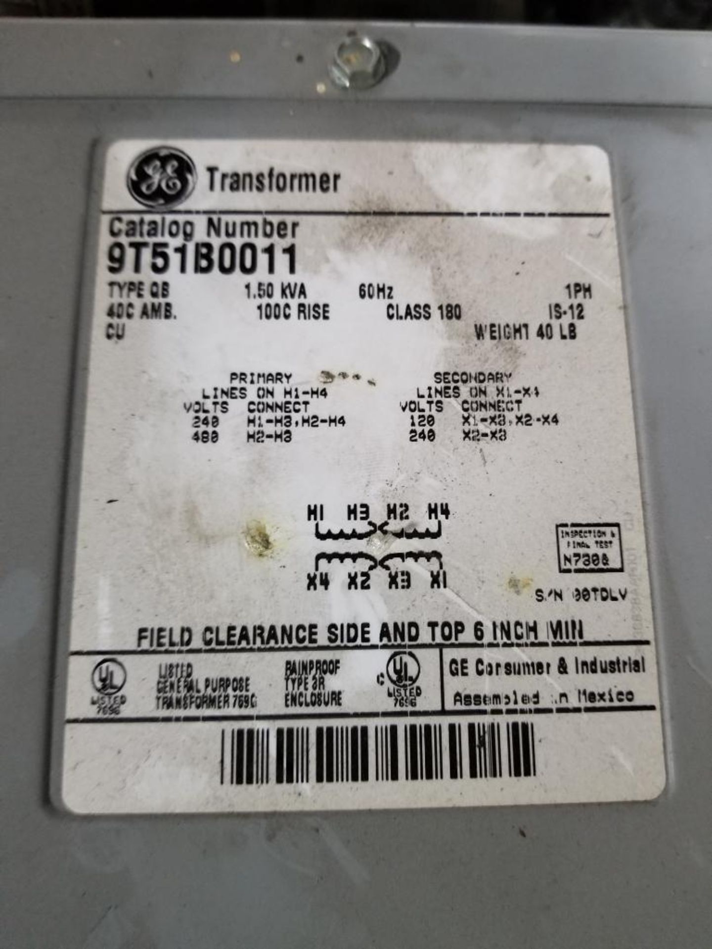 1.5kVa GE transformer. Catalog 9T51B0011. Single phase. - Image 2 of 2