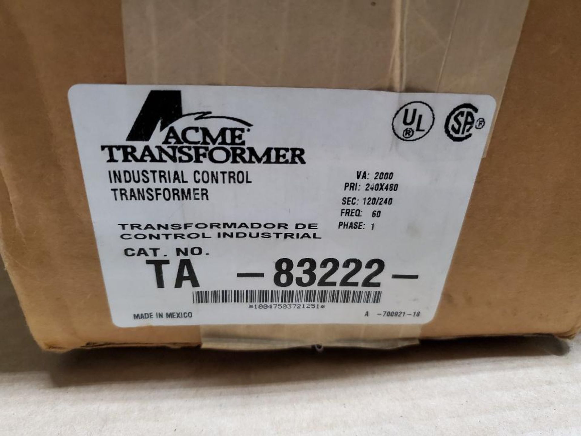 Acme transformer. Catalog number TA-83222. Primary 240x480. Secondary 120/240. Single phase. New. - Image 2 of 4