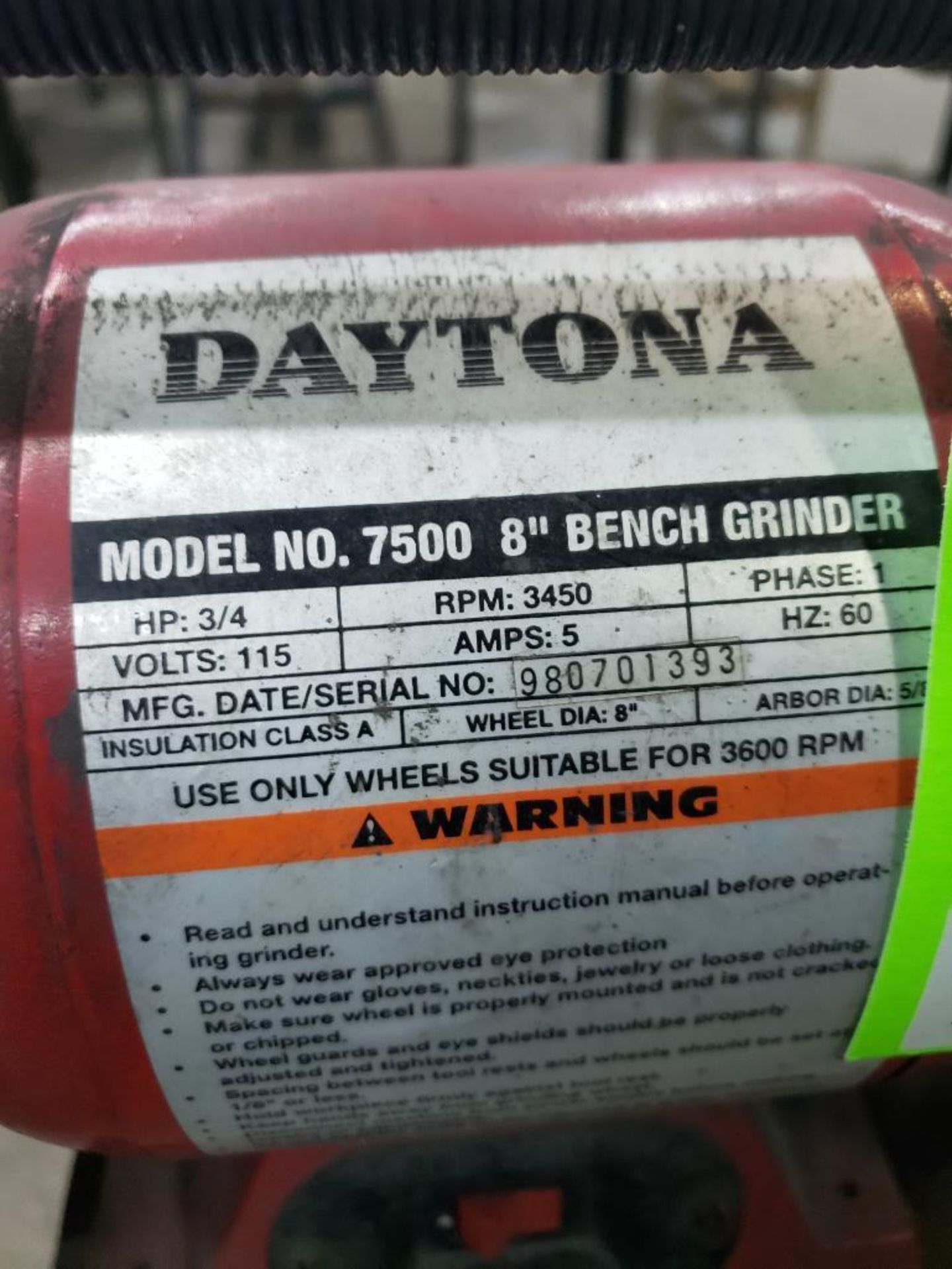 8" Daytona bench grinder. Model 7500. Single phase 115v. - Image 2 of 4