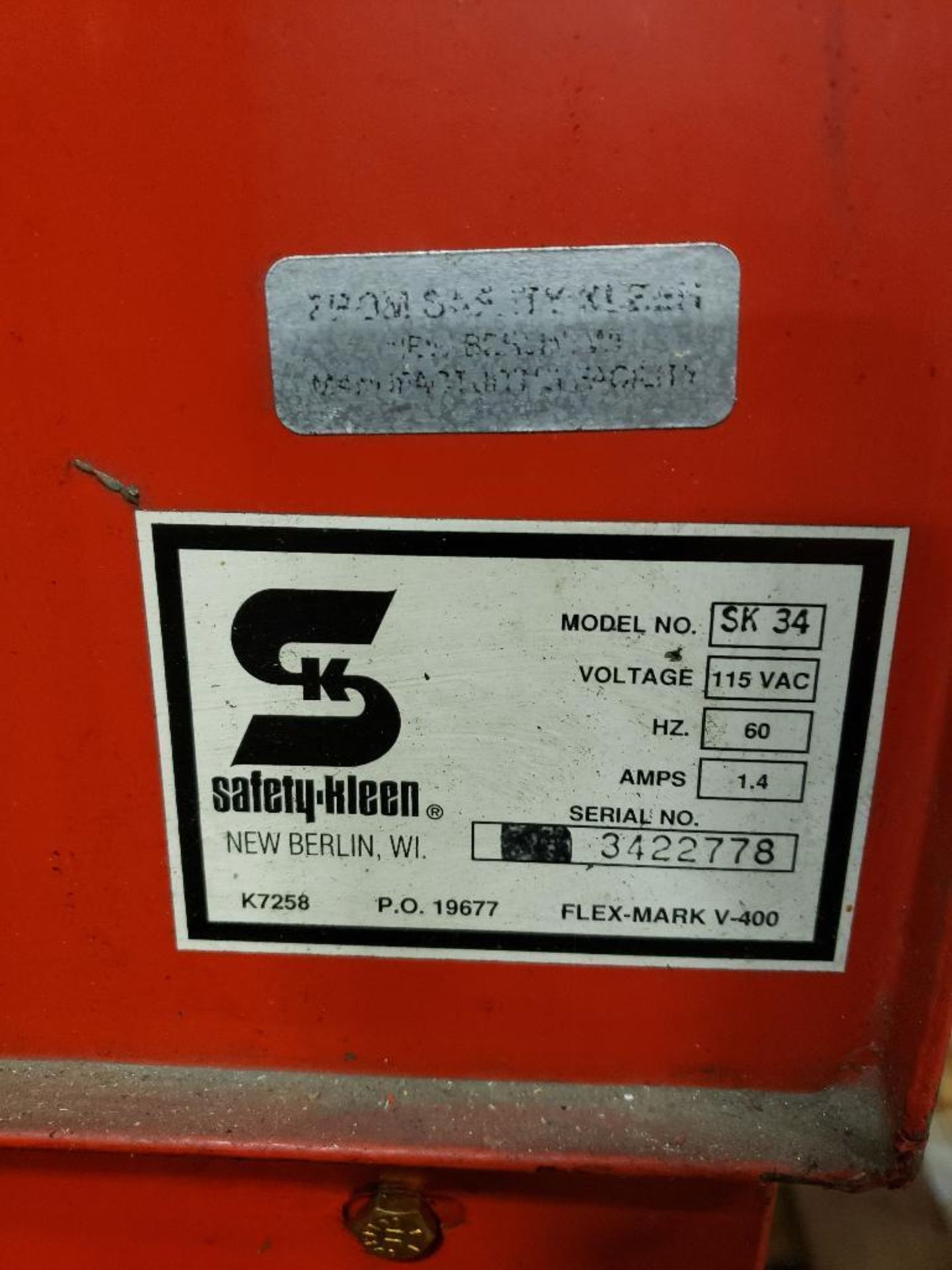 Safety-Kleen parts washing cabinet. Model 34. 115v single phase. Serial # 3422778. . - Image 4 of 4