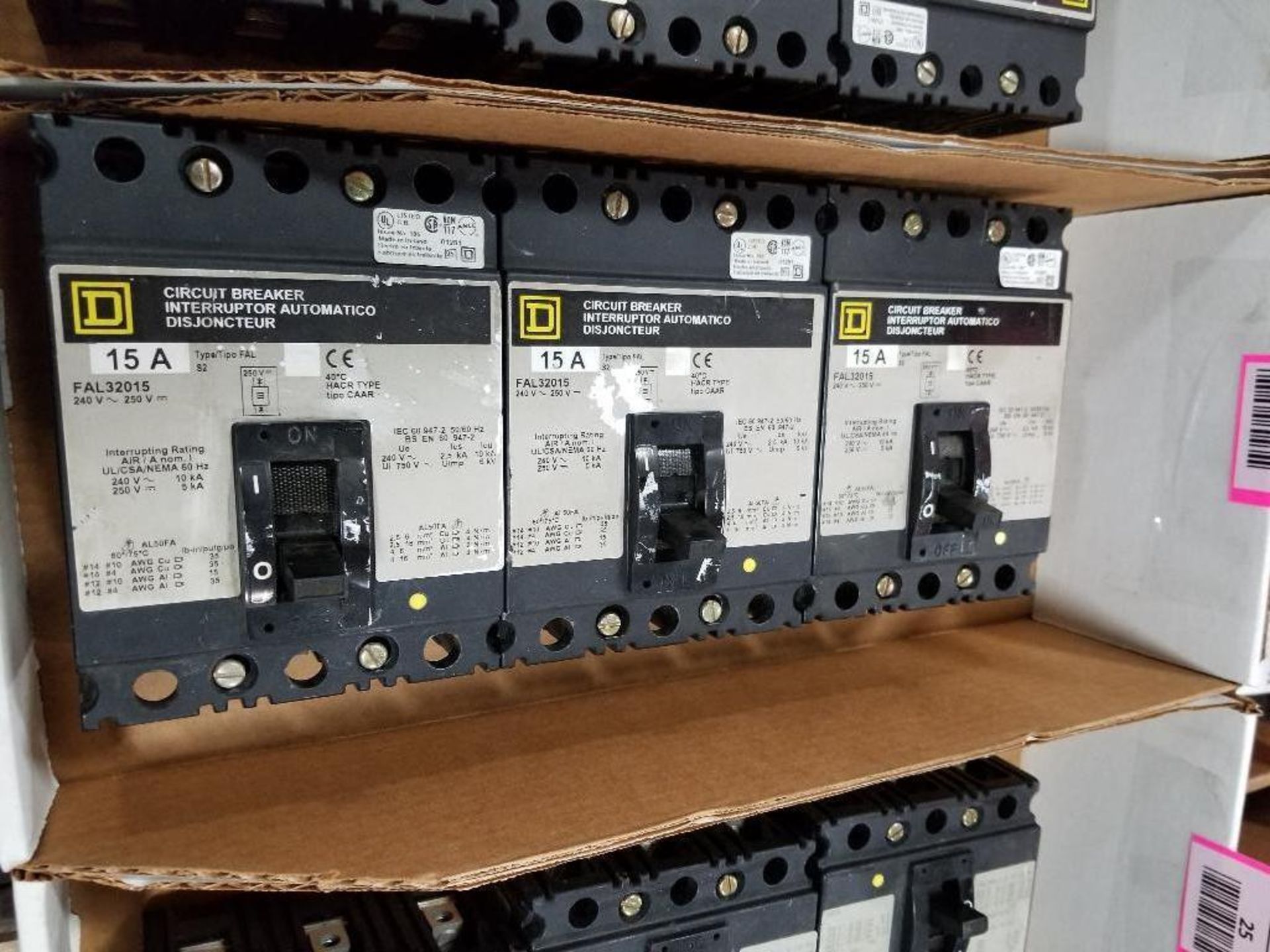 Qty 3 - Square D circuit breakers. Model FAL32015.
