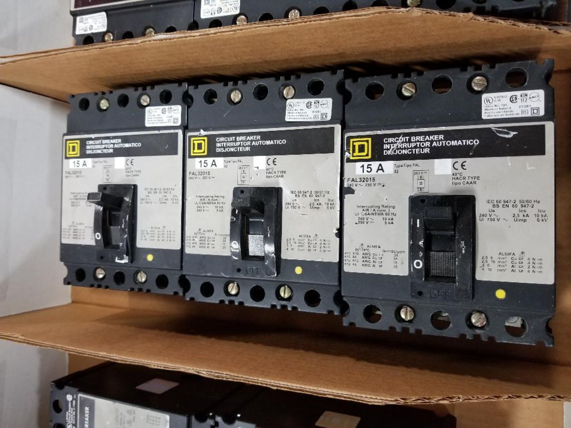 Qty 3 - Square D circuit breakers. Model FAL32015.