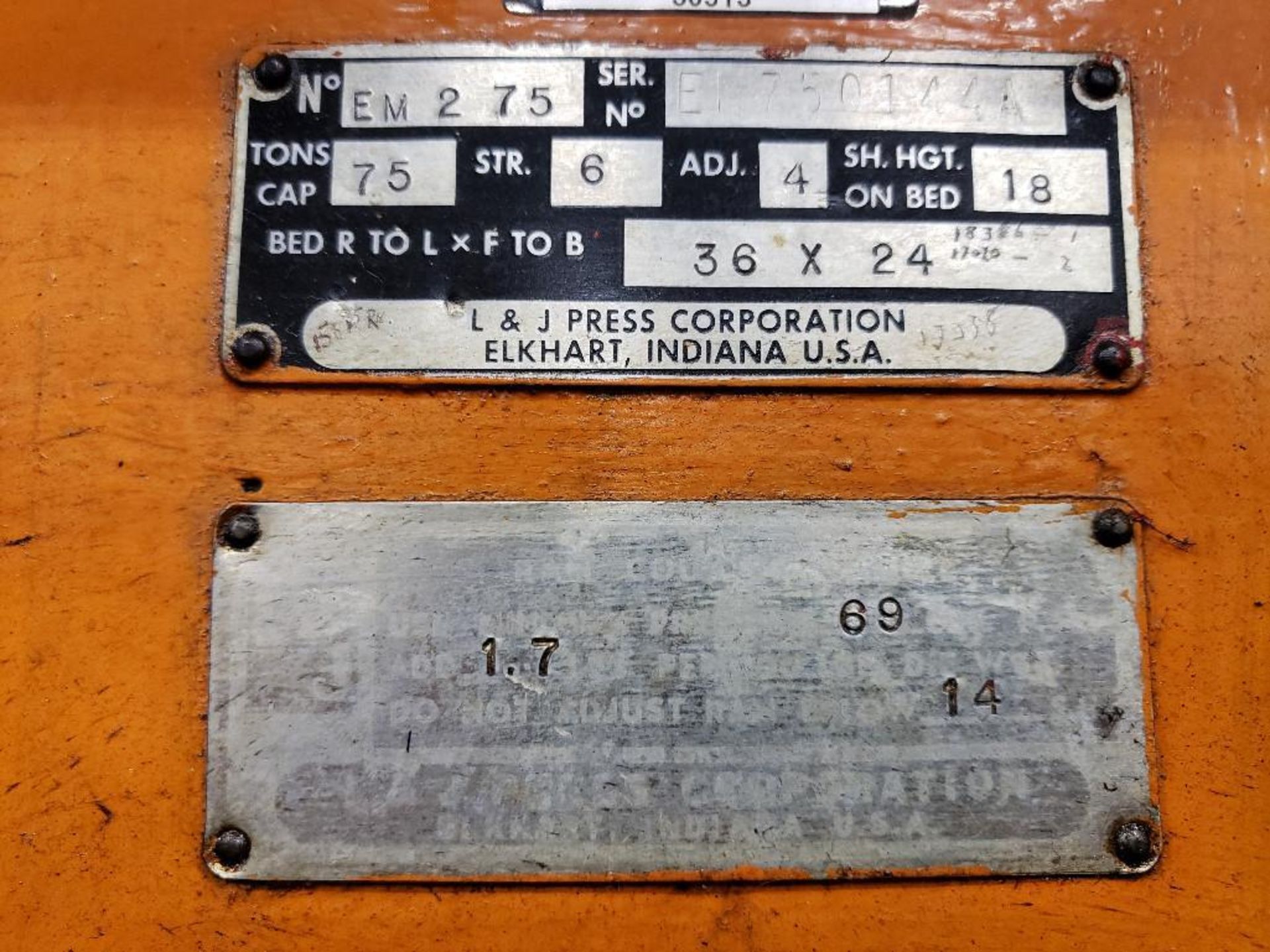 75 ton L&J Press corporation straight side mechanical press. Model EM2-75-36x24. Ser EI750144A. . - Image 17 of 31