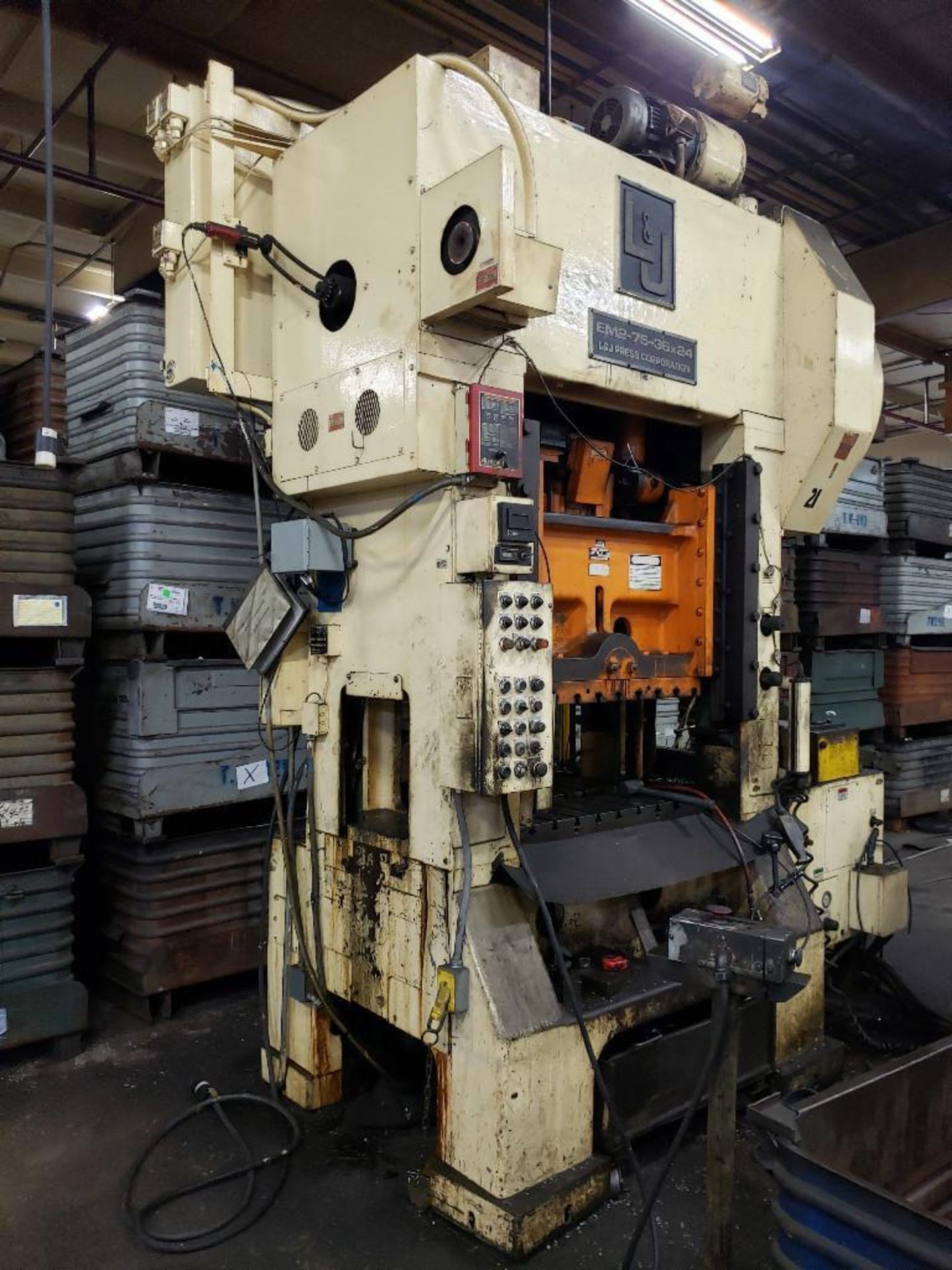 75 ton L&J Press corporation straight side mechanical press. Model EM2-75-36x24. Ser EI750144A. .