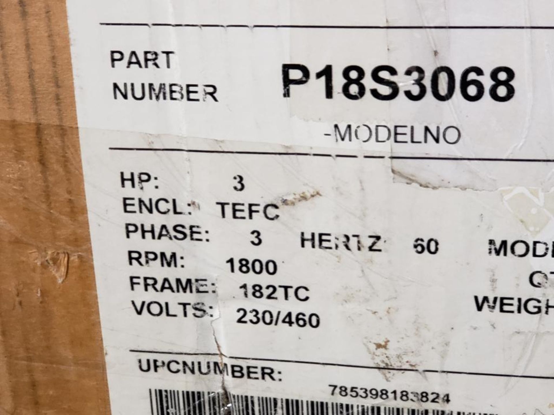 3HP Baldor Motor P18S3068. 3PH, 230/460V, 182TC-Frame, 1800RPM. - Image 2 of 4