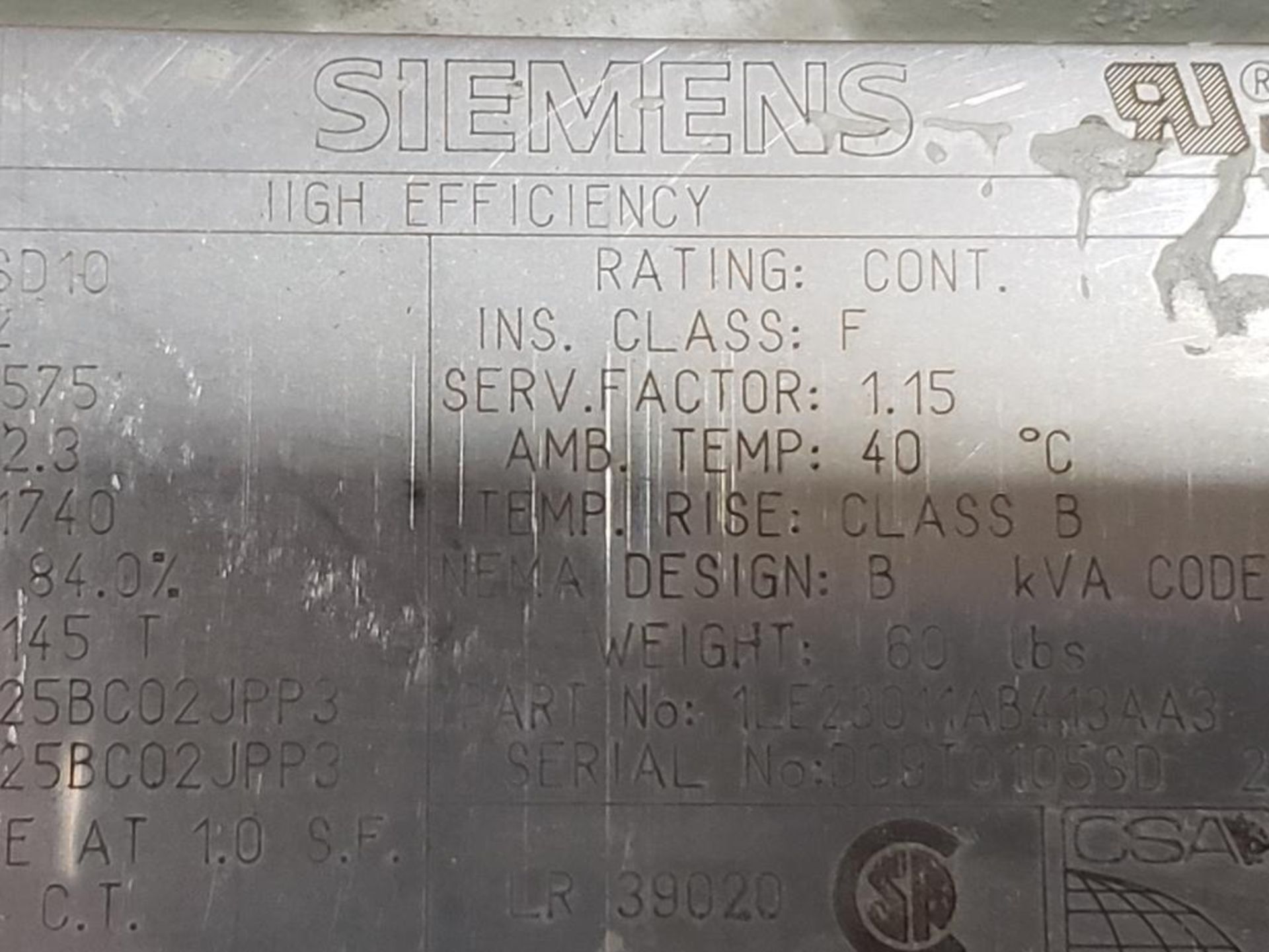 2hp Siemens 1LE23011AB413AA3 high efficiency motor. 3 phase, 575V, 1740RPM, 145T-Frame 2HP - Image 6 of 8