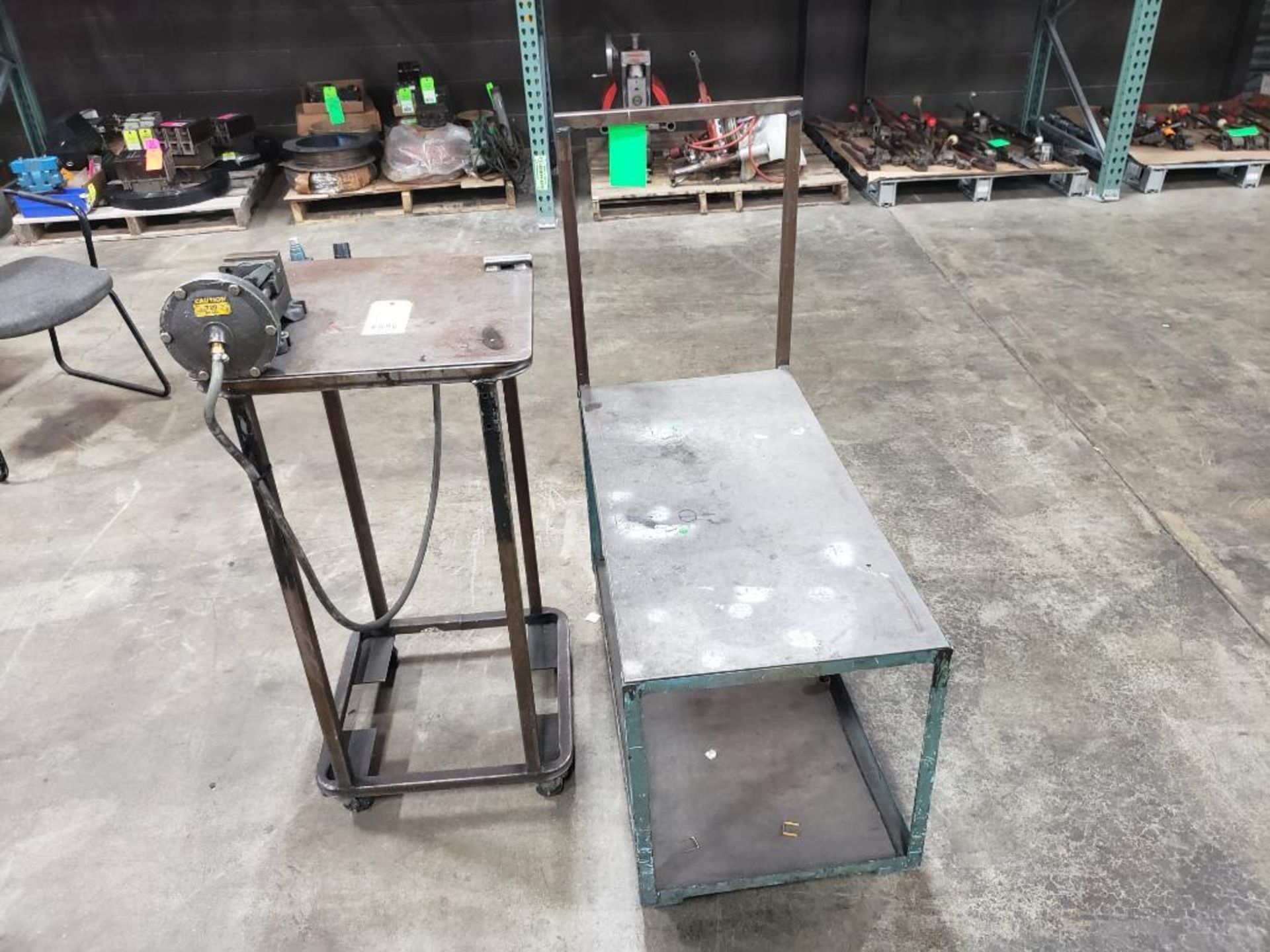 Qty 2 - Industrial work carts. 22x18x40, 17x36x42. LxWxH. One with pneumatic clamp fixture.