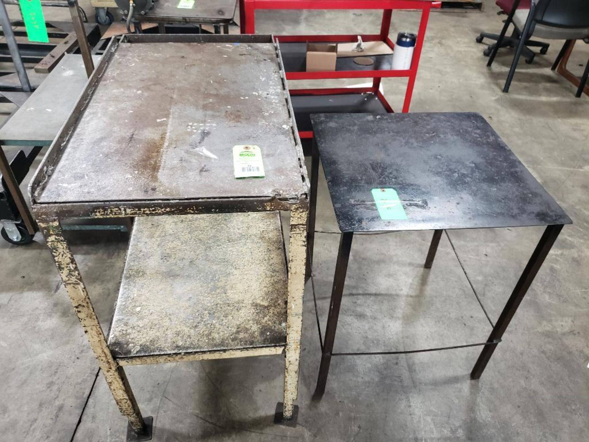 Qty 2 - Industrial work tables. 39x21x38, 24x24x30. LxWxH.